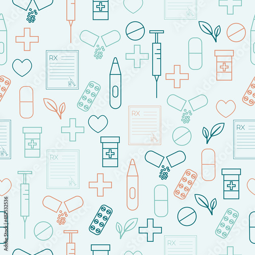 Medical outline seamless pattern with pill, syringe, heart, prescription. Vector illustration on green background