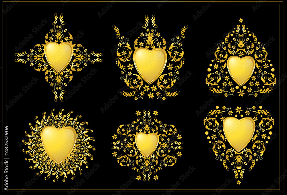 Set of golden heart and floral frames
