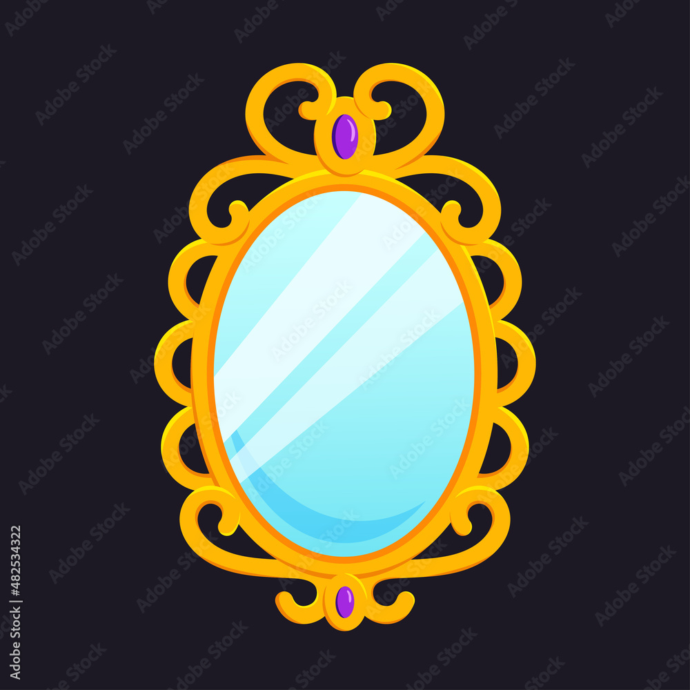 Magic mirror in cartoon style, vector illustration. Oval gold frame for
