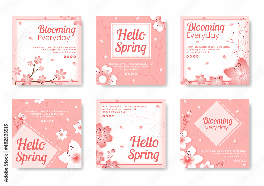 Spring with Blossom Sakura Flowers Post Template Flat Illustration Editable of Square Background for Social Media or Greeting Card