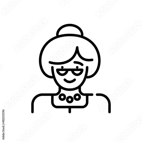 Elderly lady avatar. Grandmother wearing glasses with a head bun. Pixel perfect, editable stroke icon
