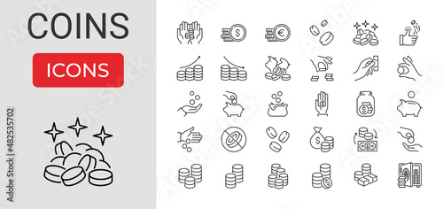 Set of Coins Related Line Icons. Contains such Icons as Coins Stack, Donation, Tips Jar, Piggy Bank, Coin Toss, Exchange Money, Saving, Banknote Stack, Euro and Dollar Sign