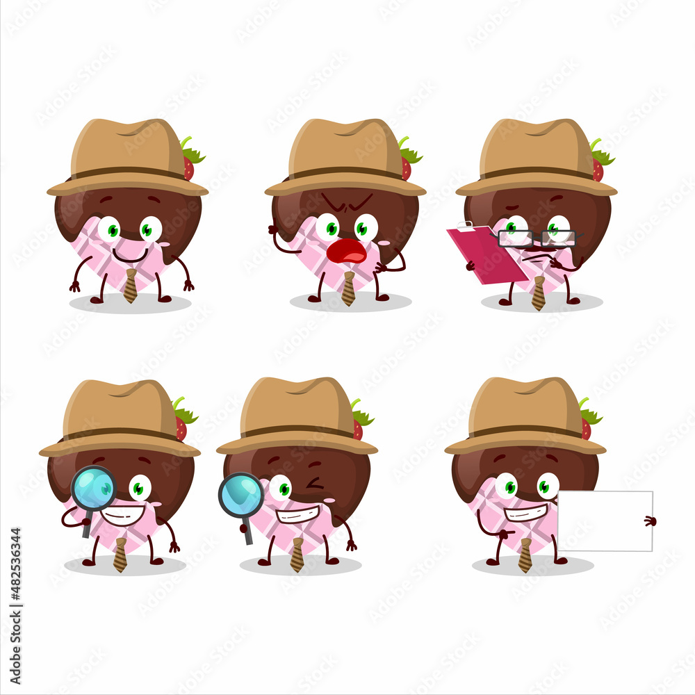 Detective strawberry chocolate love cute cartoon character holding magnifying glass Detective strawberry chocolate love cute cartoon character holding magnifying glass