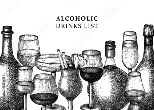 Vintage background with hand-sketched alcoholic drinks. Vector bottles and glasses hand-draw banner design. Alcoholic beverages template for bar or restaurant menu isolated on white