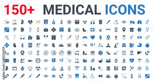 Medical Icons Set. Glyph Icons, Sign and Symbols in Flat Blue Design Medicine and Health Care with Elements for Mobile Concepts and Web Apps. Collection Modern Infographic Logo and Pictogram