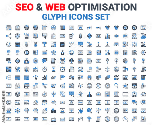 SEO Glyph Icons Set. Glyph Blue Icons Set of Search Engine Optimization, Website and APP Design and Development. Simple Glyph Pictogram Pack. Logo Concept, Web Graphic