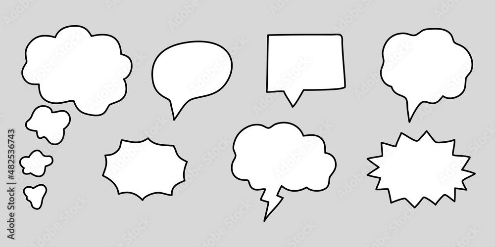 Set of speech bubbles isolated on a gray background, text frame, cloud message in a flat doodle style. Vector graphics