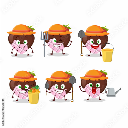 Farmer strawberry chocolate love cute mascot character with fork