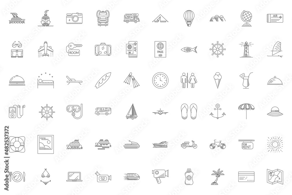 Travel Thin Line Related Icons Set on White Background. Summer Holidays, Vacation and Travel. Simple Mono Linear Pictogram Pack Stroke logo Concept for Web Travel Thin Line Related Icons Set on White Background. Summer Holidays, Vacation and Travel. Simple Mono Linear Pictogram Pack Stroke logo Concept for Web