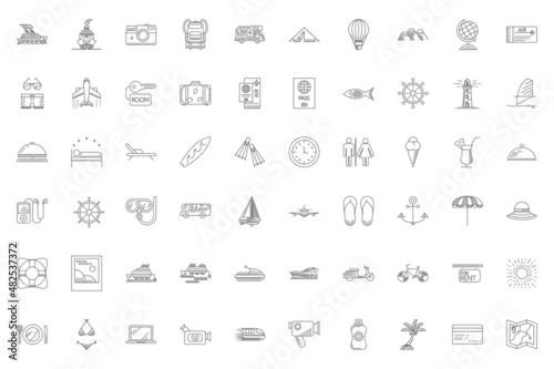 Travel Thin Line Related Icons Set on White Background. Summer Holidays, Vacation and Travel. Simple Mono Linear Pictogram Pack Stroke logo Concept for Web