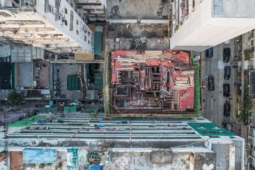 Amazing top view of messy rooftop of old residence building in Hong Kong