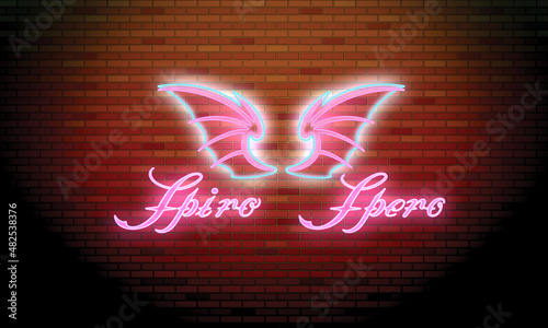 Neon Alphabet Design Spherospera Wings Brick Background photo