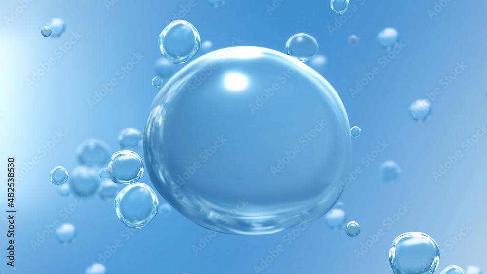 Big crystal transparent drop with copy space on blue water bubble background. Abstract concept 3D illustration for eco renewables, sustainable resources, medical health care, and hydro power energy.