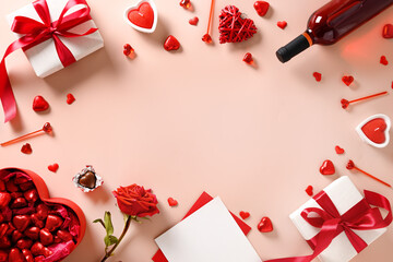 Valentine's day greeting card with red wine, gift, hearts chocolate sweets and red roses on pink background. View from above. Space for your greetings.