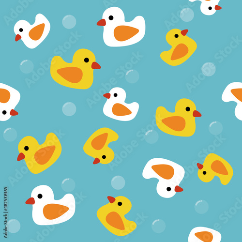 seamless pattern of little duck yellow and little duck white on bright blue background. 