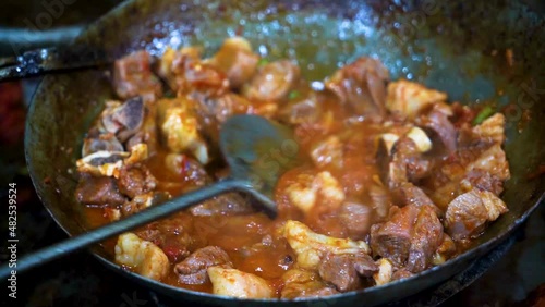 Traditional karahi of mutton at charsi tikka shop, Peshawar, Pakistan