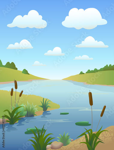 Fototapeta Naklejka Na Ścianę i Meble -  Cartoon river or lake and reeds, other freshwater plants with clouds он blue sky. Vertical natural landscape waterside background