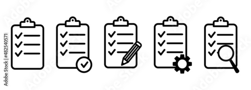 Clipboard icon. Checklist with gear, checkmarks, magnifier and pencil. Quality check line sign. Check List flat line icon. Form icon. Clipboard with gear technical support check list EPS 10