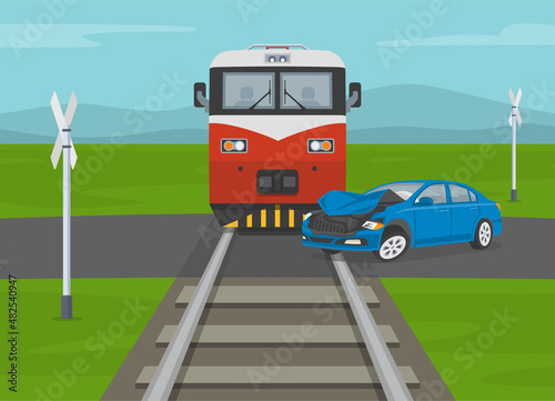 Safety car driving rules. Train rams into a car at railway crossing. Car accident with train scene. Level crossing without barriers. Flat vector illustration template. © flatvectors