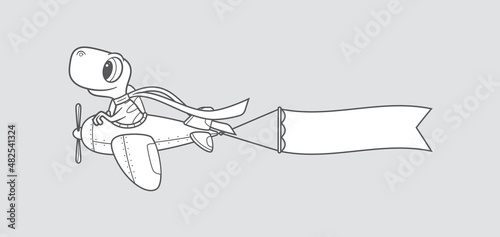 Vector black line cartoon dinosaur flying in retro airplane with blank banner (white ribbon). Gray background.