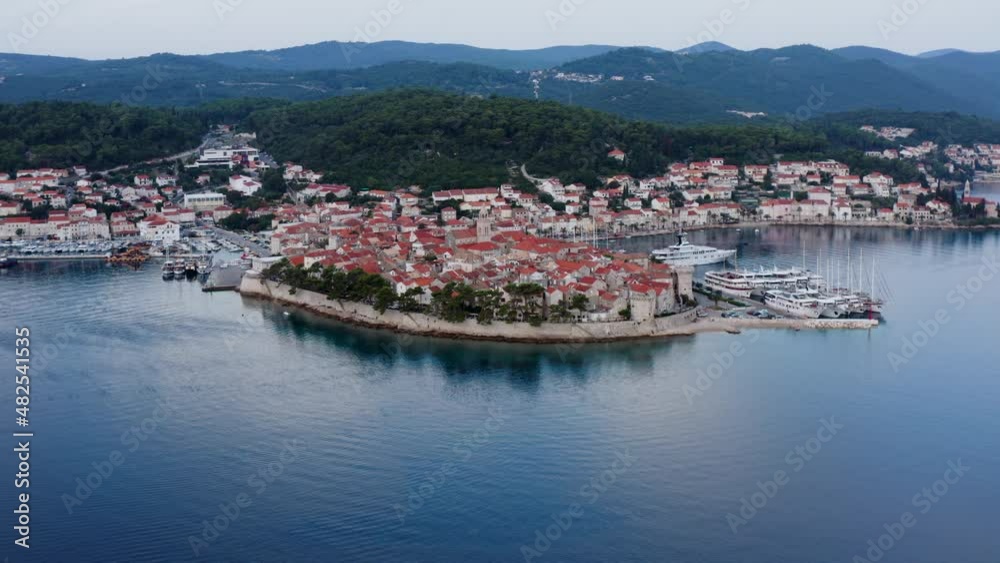 Stunning View Of Medieval Town Of Korcula In Adriatic Coast, Croatia. Aerial Wide Stunning View Of Medieval Town Of Korcula In Adriatic Coast, Croatia. Aerial Wide