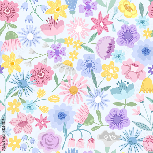 Spring hand drawn flower seamless pattern. Spring floral background