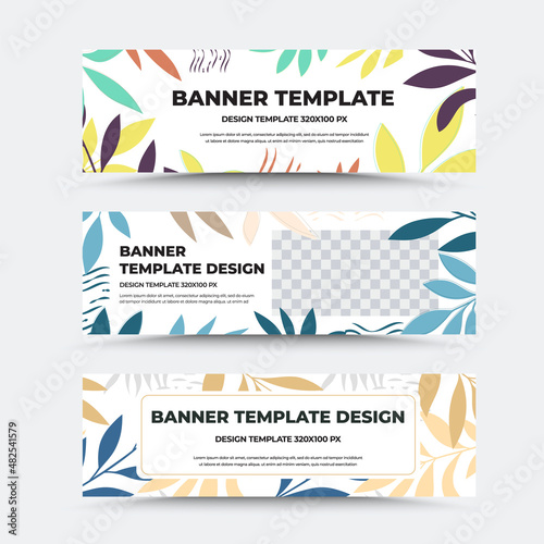 Vector banner template, white background with colorful illustration, tropical leaves, twigs, place for text, photo.