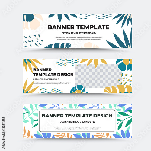 Vector banner template with colorful design, tropical leaves, twigs, abstract elements, with a plate in the center, left.