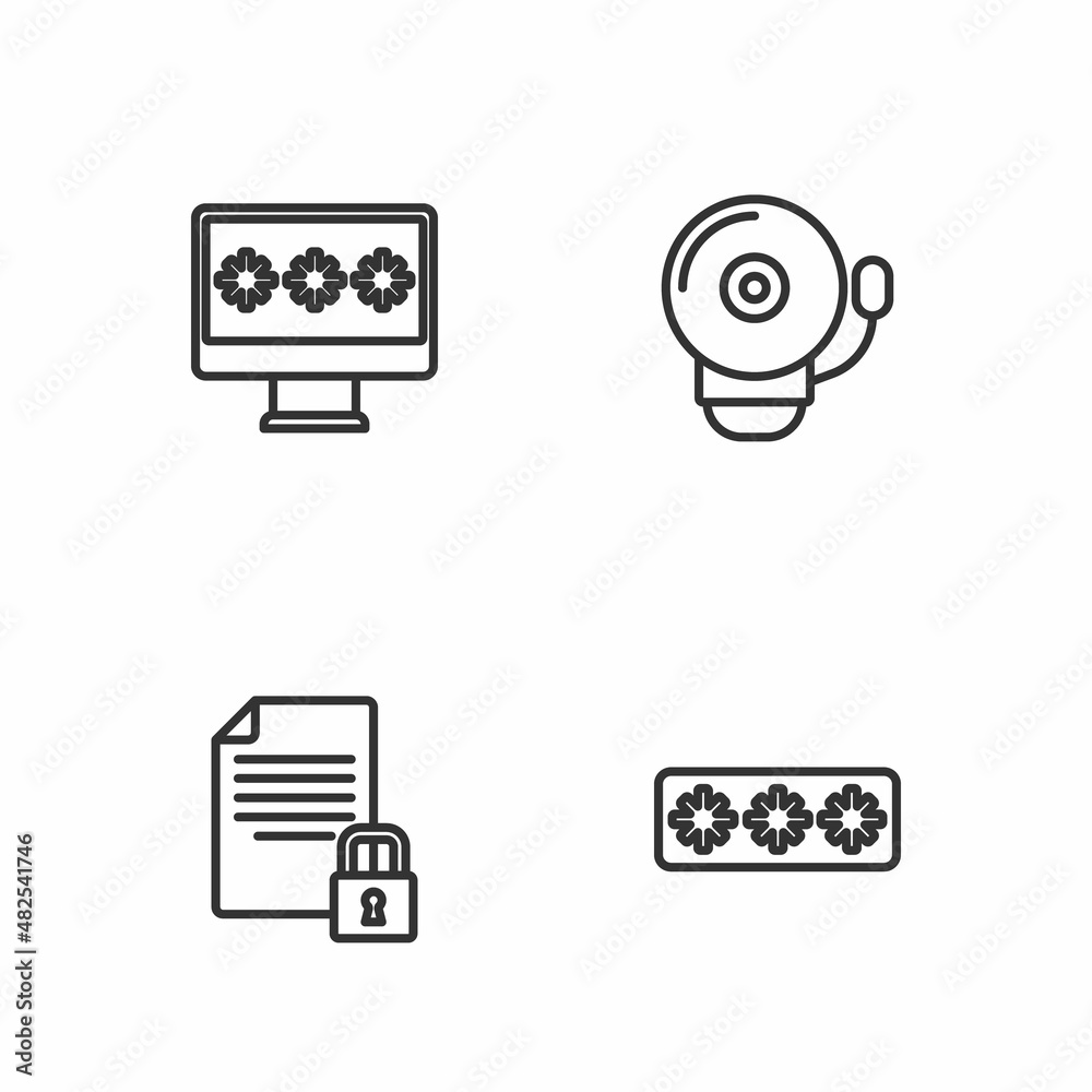 Set line Password protection, Document and lock, Monitor with password and Ringing alarm bell icon. Vector Set line Password protection, Document and lock, Monitor with password and Ringing alarm bell icon. Vector