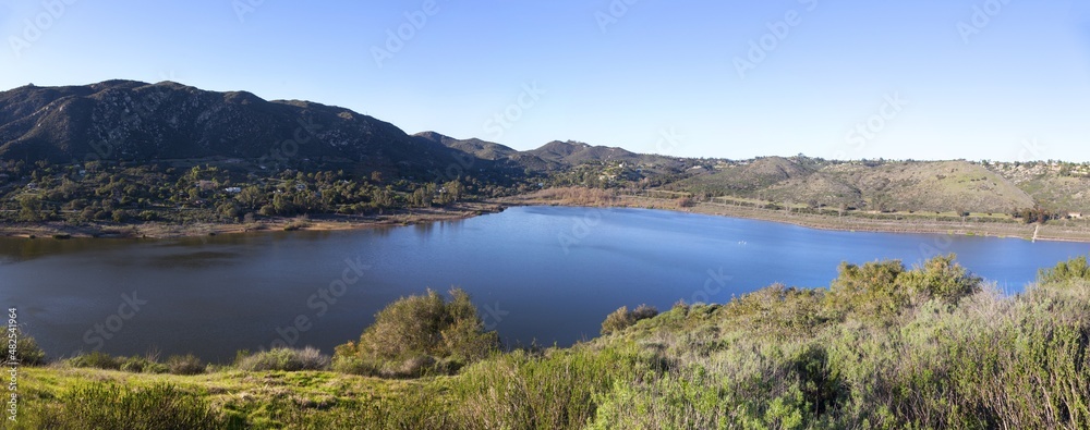 Lake Hodges Panoramic Landscape From Fletcher Point in San Dieguito River Park.  Beautiful Southern California Winter Day Hiking
