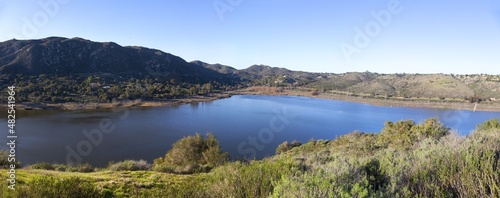Lake Hodges Panoramic Landscape From Fletcher Point in San Dieguito River Park. Beautiful Southern California Winter Day Hiking 