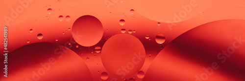 oil with bubbles on red monochrome background. Abstract space background. Soft selective focus. macro of oil drops on transparent gel surface. copy space. air bubbles in water,