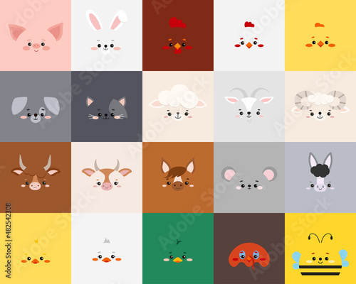 Cute square farm animal faces poster set isolated on white background. Cute cartoon square shape kawaii avatar kids character collection. Vector flat clip art illustration mobile ui game application. photo