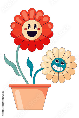 Comic flower in trendy retro cartoon style. Funny cartoon flower in a pot character. Vector illustration of flowers. Sticker pack, posters, prints.