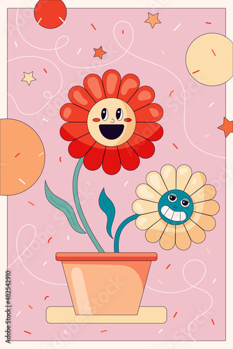 Comic flower in trendy retro cartoon style Funny flower in a pot character on abstract background