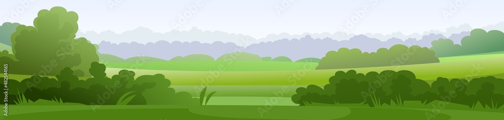 Cool misty morning among grass and bushes. Rural landscape. Horizontal village nature illustration. Cute country hills. Flat style. Vector