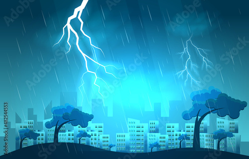 Thunder Storm Lightning Strike Heavy Rain City Building Skyline Cityscape Illustration
