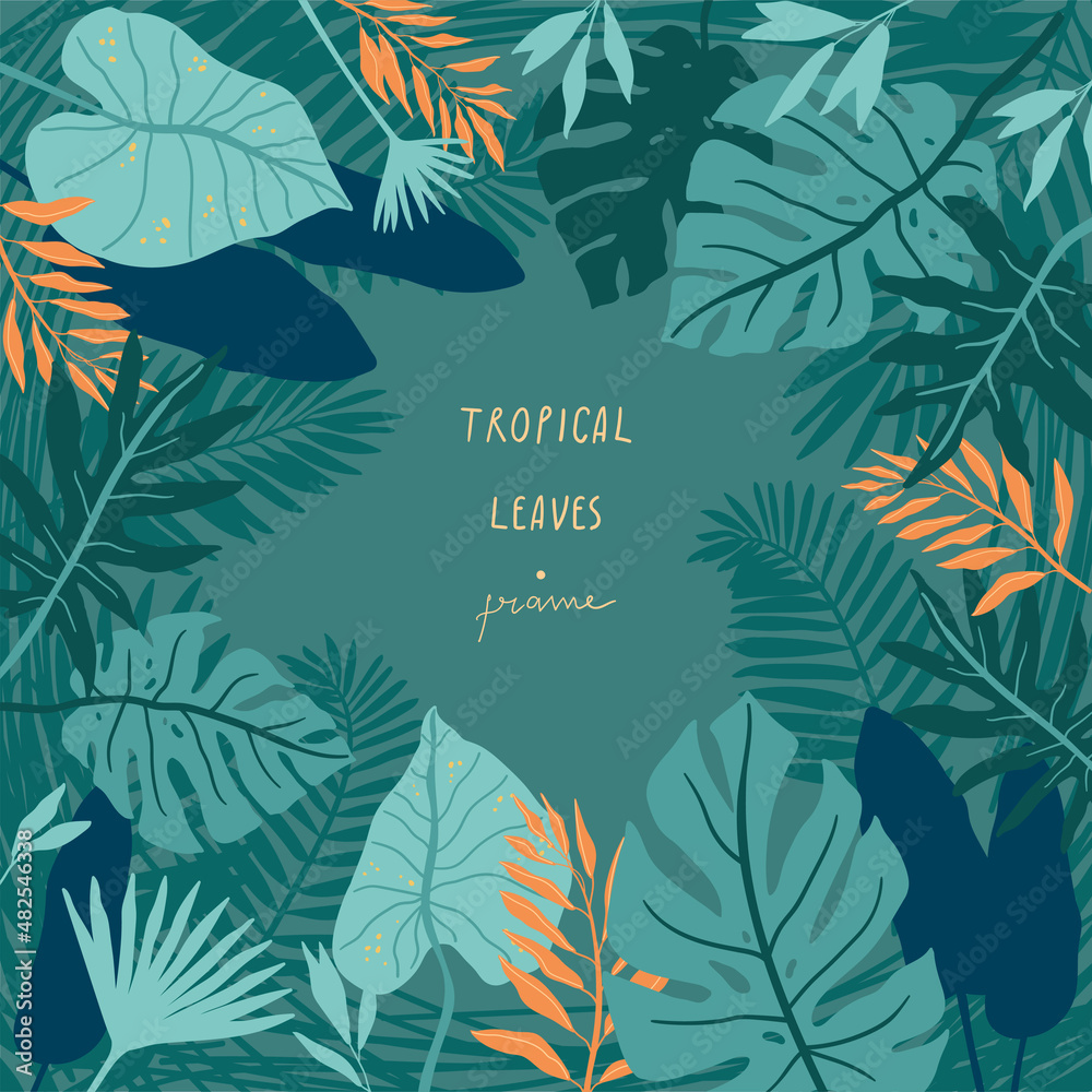 Tropical palm leaves background. Jungle spirit. Frame with fern, monstera and other leaves.