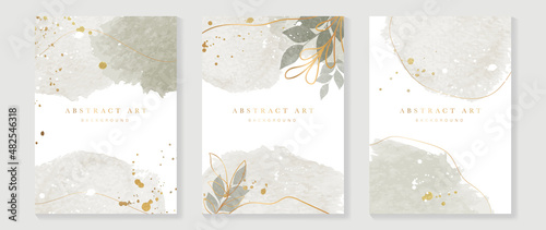 Abstract art background vector. Luxury invitation card background with golden line art flower and botanical leaves, Organic shapes, Watercolor. Vector invite design for wedding and vip cover template.