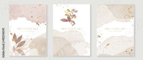 Abstract art background vector. Luxury invitation card background with golden line art flower and botanical leaves, Organic shapes, Watercolor. Vector invite design for wedding and vip cover template.