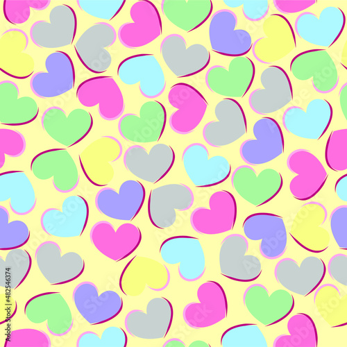 seamless pattern of multi-colored hearts in pastel tones on a light beige background. Gentle background for Valentine's Day