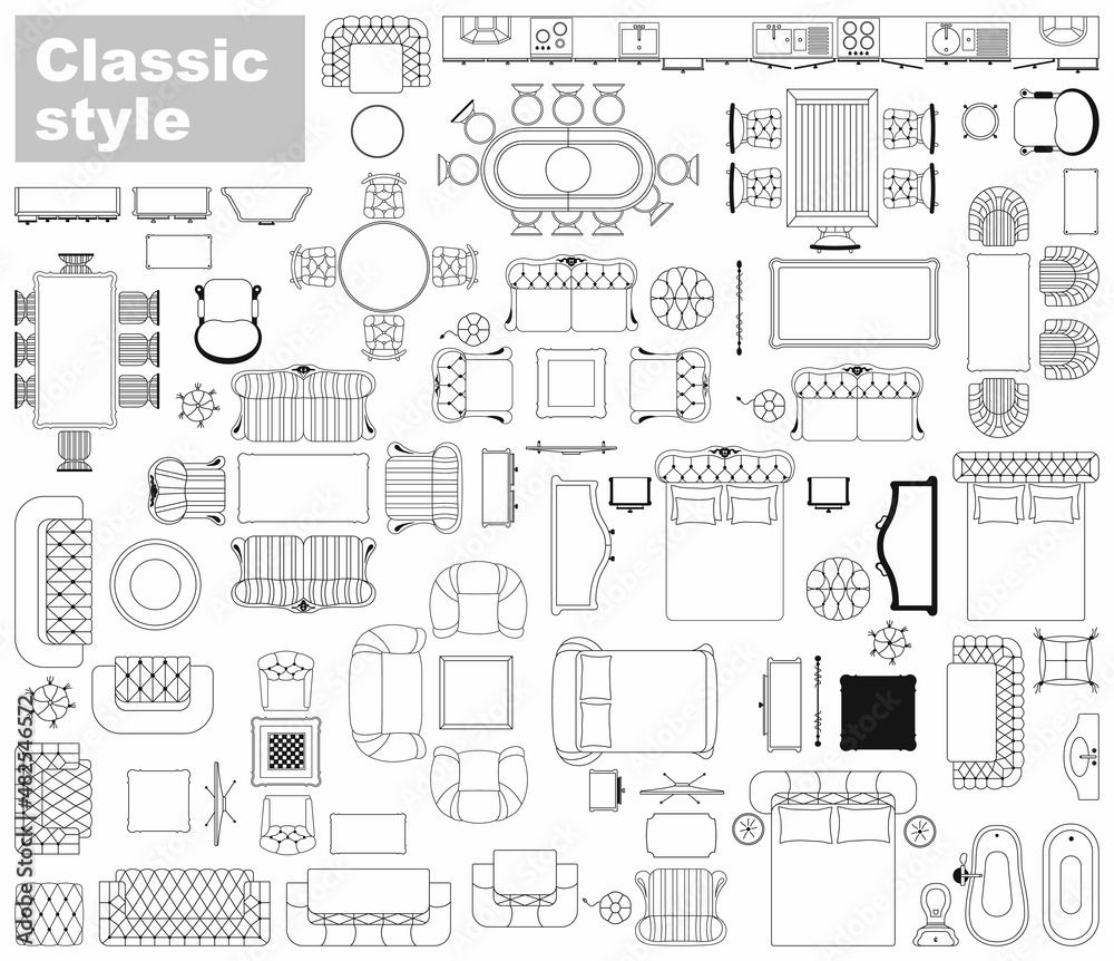 Floor plan collection of furniture and equipment top view for house or