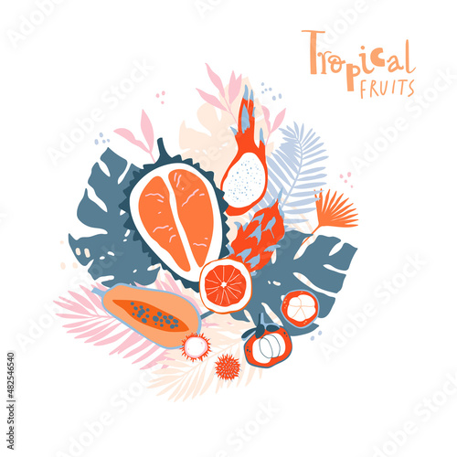 Tropical fruits and jungle leaves composition. Bright and juicy elements in simple elegant style.