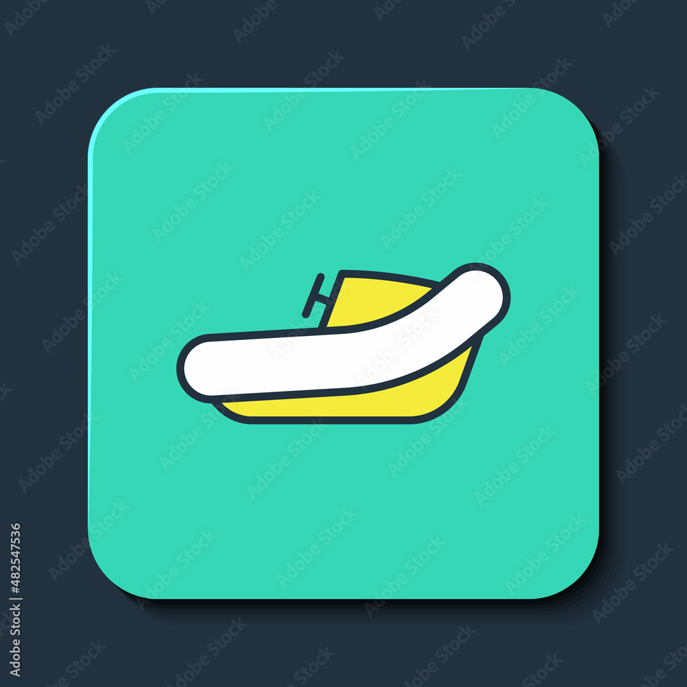 Filled outline Inflatable boat with outboard motor icon isolated on blue background. Turquoise square button. Vector Filled outline Inflatable boat with outboard motor icon isolated on blue background. Turquoise square button. Vector