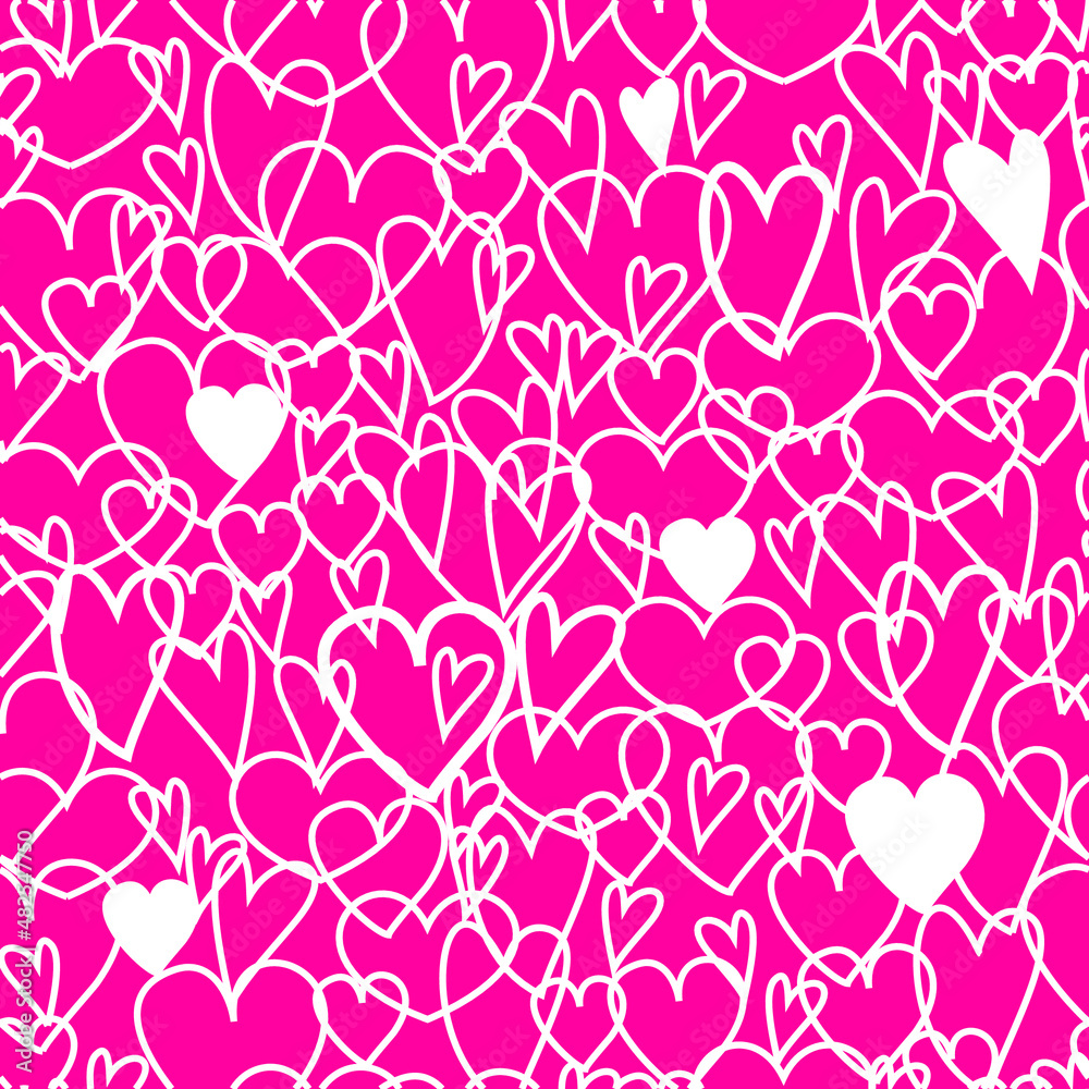 a bright pink pattern with randomly scattered hearts. drawn with a white outline. seamless vector rose-colored. pinkish backdrop
