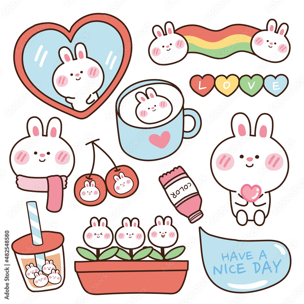 Cute rabbit in cartoon.Animals character design.Rainbow,heart,flower ...