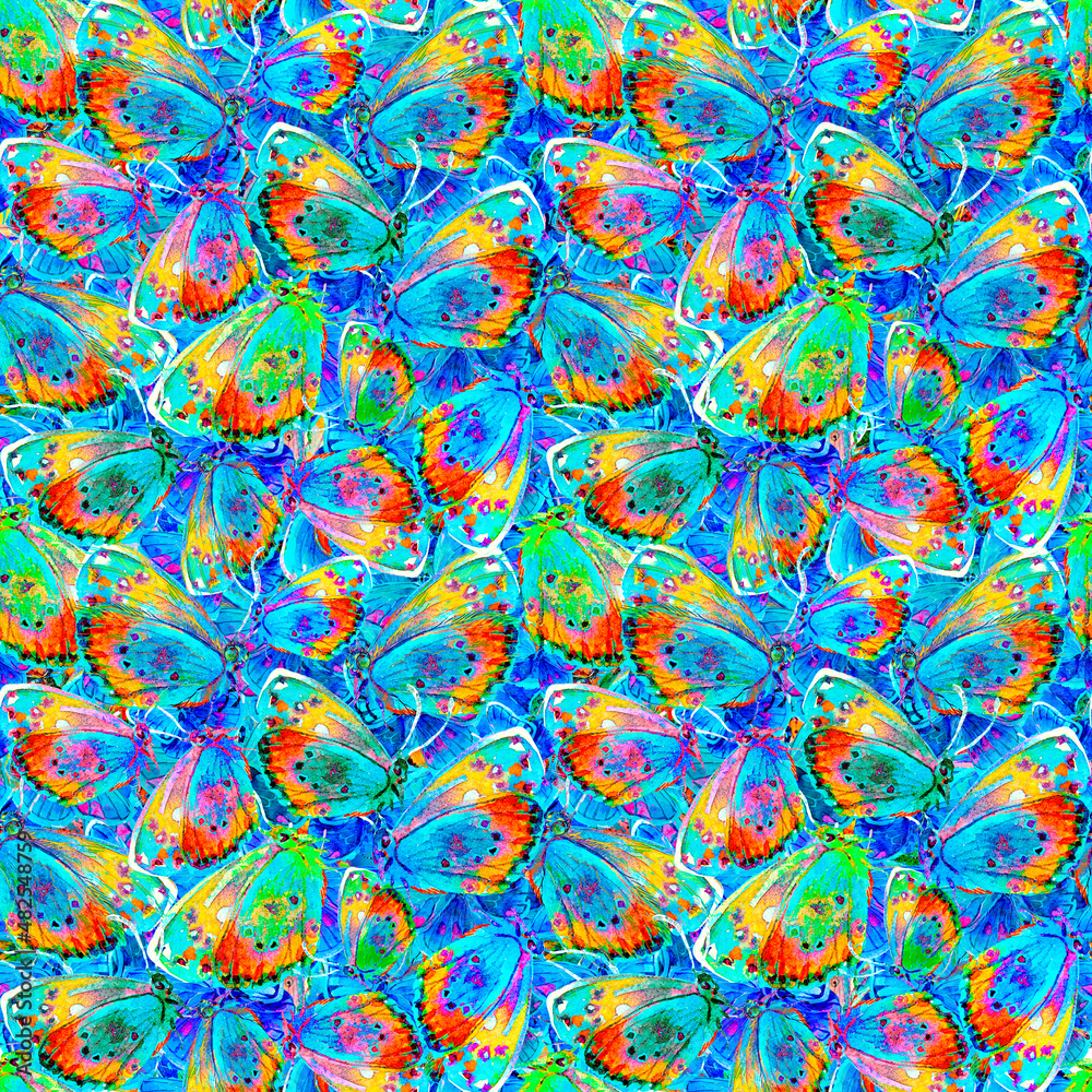 Seamless texture with butterflies. A repeating watercolor drawing of moths.A lot of flying insects. Colorful wings. Summer and spring.Scrapbooking paper. Printing on fabric. Seamless texture with butterflies. A repeating watercolor drawing of moths.A lot of flying insects. Colorful wings. Summer and spring.Scrapbooking paper. Printing on fabric.