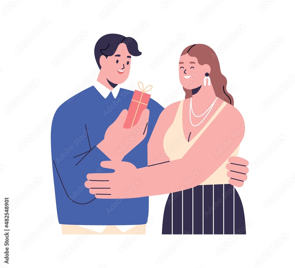 Love couple with gift box. Happy man giving present to beloved woman for Valentines day. Girlfriend receiving holiday surprise from boyfriend. Flat vector illustration isolated on white background Love couple with gift box. Happy man giving present to beloved woman for Valentines day. Girlfriend receiving holiday surprise from boyfriend. Flat vector illustration isolated on white background
