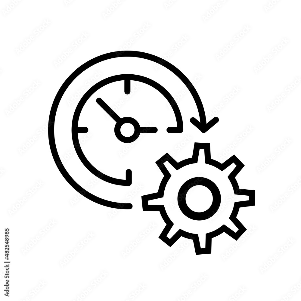 Gear with clock reprocessing sign line icon. Update, cycle, arrow. Processing, renewal concept. Gear with clock reprocessing sign line icon. Update, cycle, arrow. Processing, renewal concept.