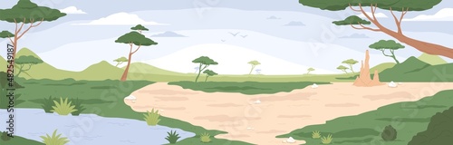 Wild savannah landscape. Savanna background  wild African nature with acacia trees  grass  sand and water. Africa scenery panorama. Kenya national park  panoramic view. Flat vector illustration